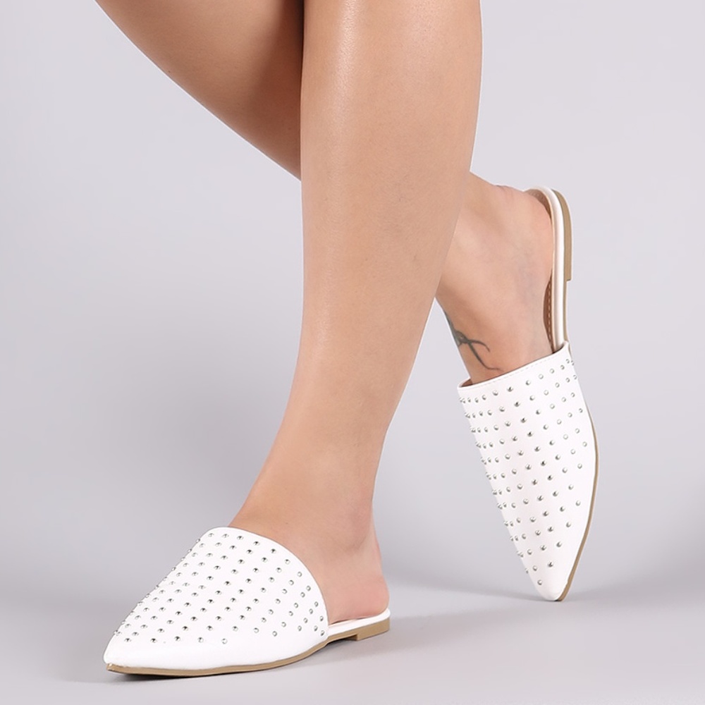 Studded Vegan Leather Pointy Toe Mule Flats white - Picture 6 of 6